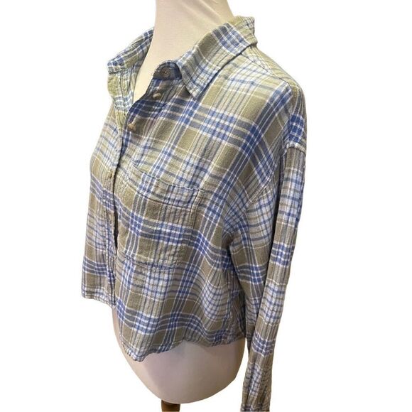American Eagle Outfitters Blue/Green/White Plaid Long Sleeve Button Down Linen B - Picture 7 of 12